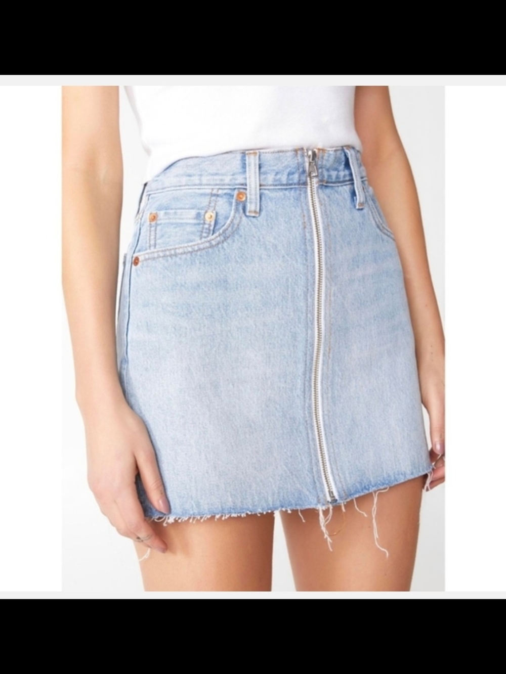 Levi's Big E Deconstructed Raw Hem Light Blue Denim Zip-Front Mini Skirt